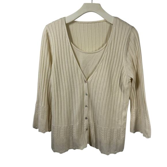 Womens Cardigan Cream Knit Layered Button Up 3/4 Sleeve Clean Girl Cottagecore - Picture 1 of 5